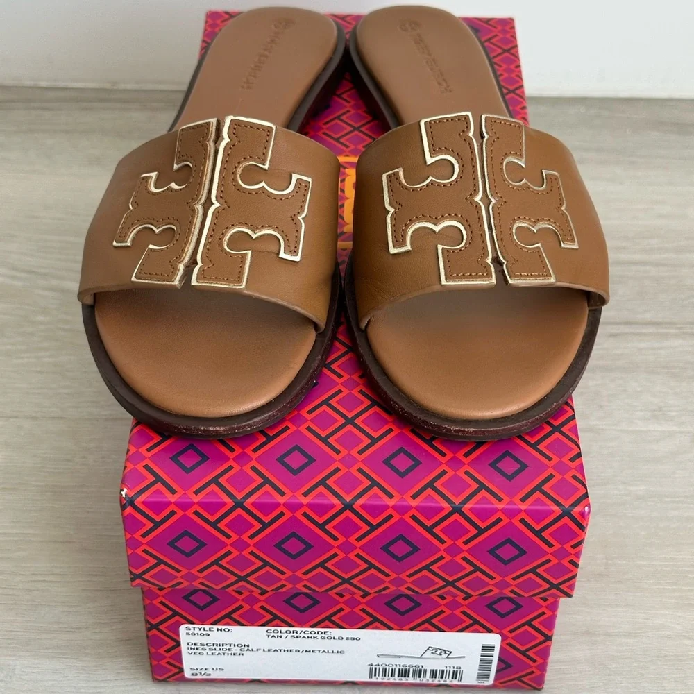 Tory Burch Ines Tan calf leather Slide Sandals with metallic accent - Picture 1 of 3
